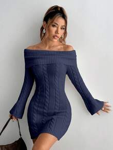 SHEIN Unity Off Shoulder Long Sleeve Twist Knit Bodycon Dress - Navy Blue - View 4