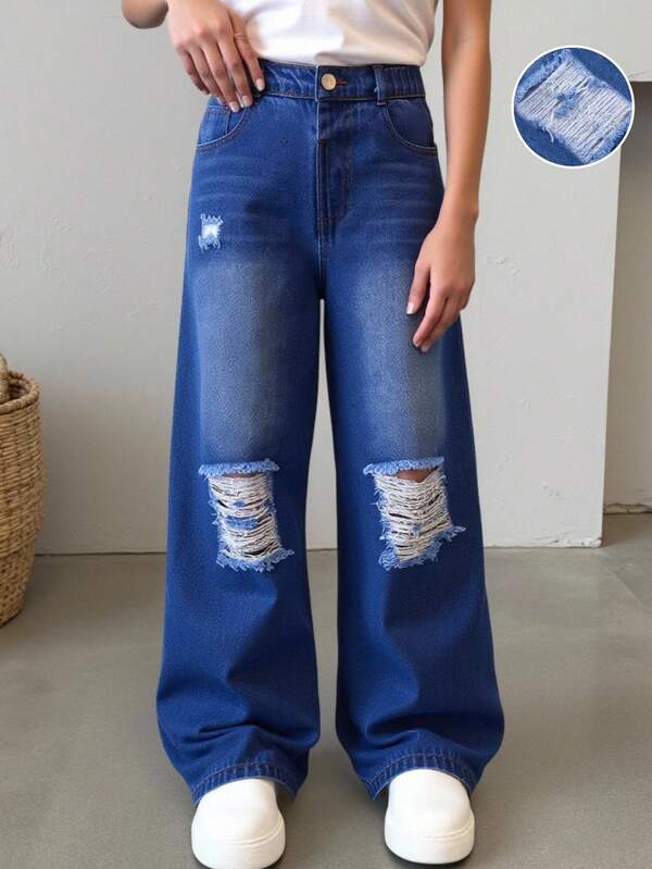 SHEIN Tween Girls' Casual Loose Straight Leg Basic Washed Distressed Denim Jeans + Basic Elastic Waist + Light Blue Ripped Denim Pants, Suitable For All Seasons, Comfortable Fabric Oversized Jeans Wide Jeans Loose Jeans