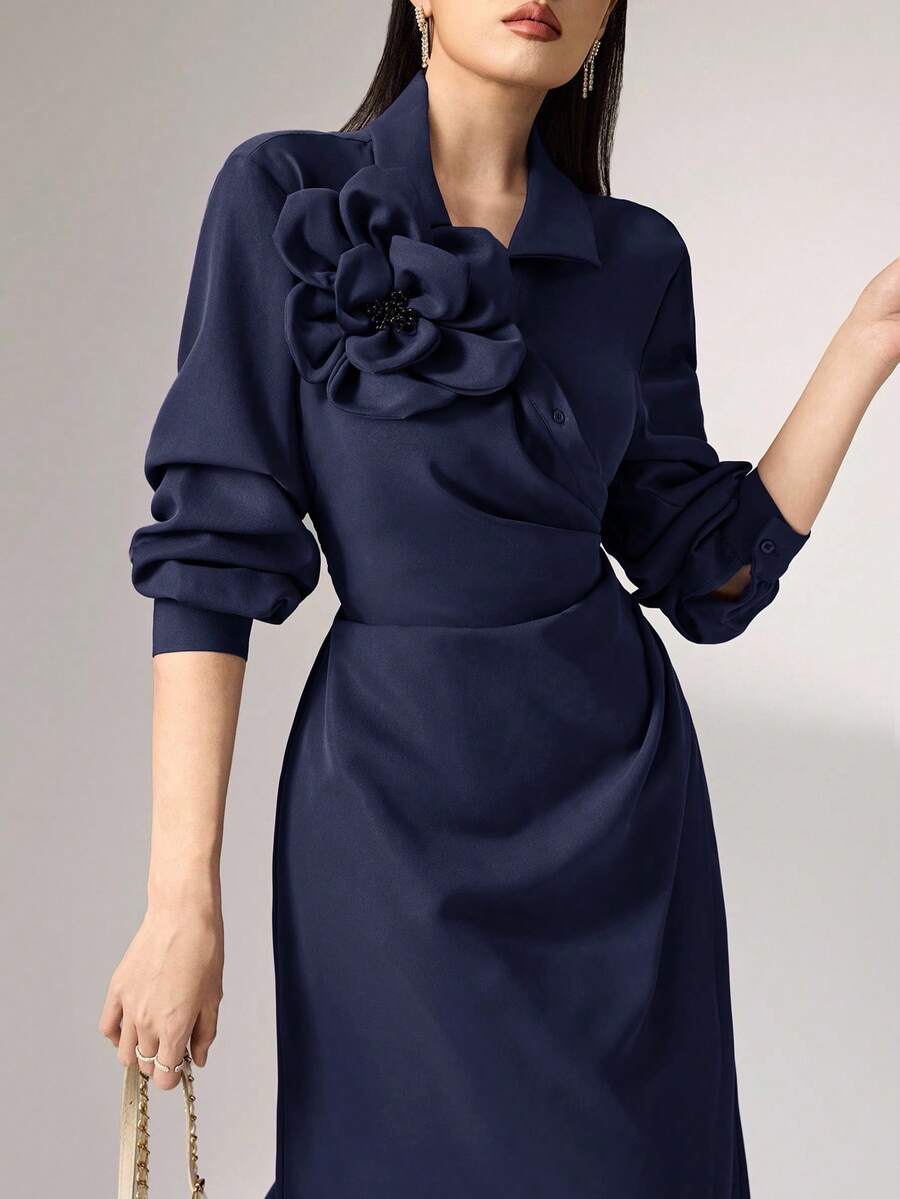 Heiryn Váy dài tay cổ chữ V họa tiết hoa 3D dành cho nữ - Màu xanh hải quân - Xem 1