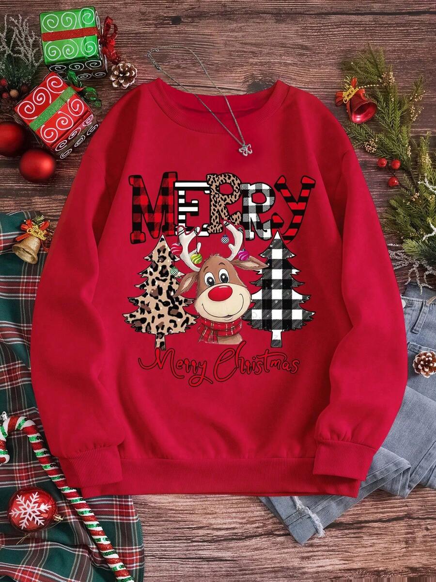 Tween Girls' Christmas Cartoon Reindeer, Plaid Christmas Tree & Letter Print Crew Neck Sweatshirt, Suitable For Autumn/Winter - Red - View 1
