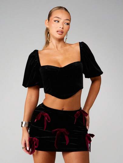 MISSGUIDED 黑色天鹅绒紧身胸衣上衣，泡泡袖，鸡心领口，派对晚礼服