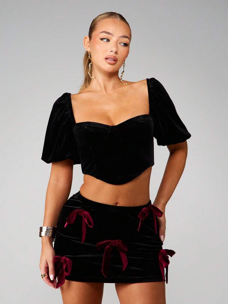MISSGUIDED Black Velvet Corset Top With Puff Sleeves Sweetheart Neckline Party Evening Wear