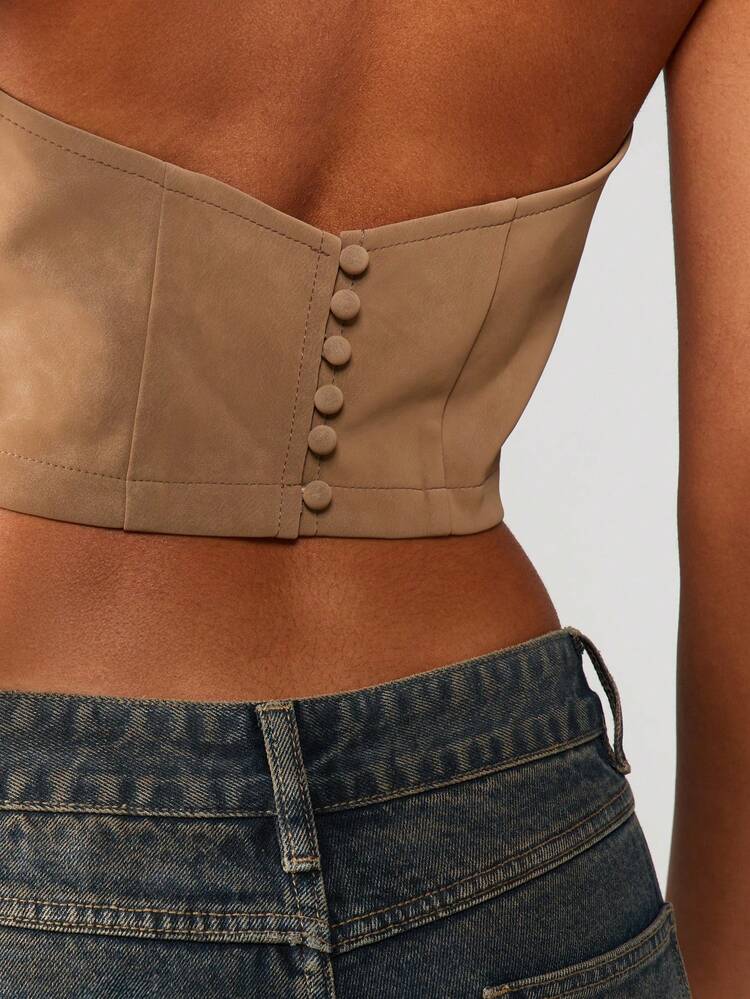 MISSGUIDED Suede Halter Neck Crop Top With Button Back Detail For Festival Summer Outfits