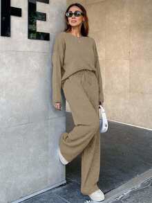 EURMUSE Women's Knitwear Co-Ords With Stitch Detail,Loungewear Set,Petite,Winter Clothes - Camel - View 7