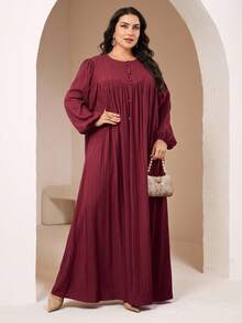 Veilorie Plus Size Solid Color Round Neck Front Button Elegant Long Sleeve Dress - Burgundy - View 6