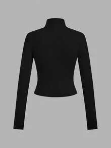 SHEIN EZwear 2 件白色和黑色针织拉链长袖 T 恤，印有小马标志，适合秋冬季分层、休闲和运动，返校 - 彩色 - 查看 6