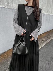 FRIFUL Váy suông rộng rãi xếp ly lưới màu đen trơn dành cho nữ, đa năng cho mùa thu/đông - màu đen - Xem 4