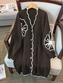 GlowEve CURVE Gilet en maille épaisse à fleurs rouille pour femme grande taille, col en V, blocs de couleurs, polyvalent, automne/hiver - Marron - Voir 4