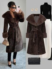 Selianne 女式豹纹翻领人造毛皮系腰修身人造毛皮夹克 - 棕色 - 查看 5