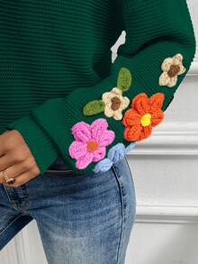 EMERY ROSE Áo len chui đầu tay đèn lồng cổ chữ V móc đơn giản dành cho nữ - Màu xanh lá cây đậm - Xem 7