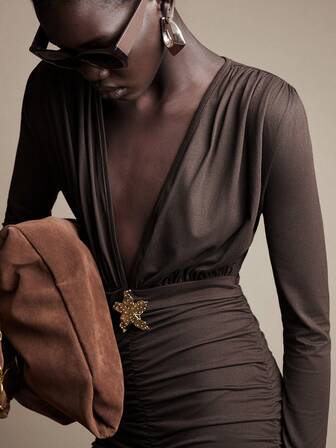 SHEIN Luminelle Women's Ruched Fitted V-Neck Sexy Elegant Party Metal Button Floral Decor Long Sleeve Maxi Dress Brown Dresses Classy Elegant Chocolate Brown Dress Winter Dress Elegant Party Dresses