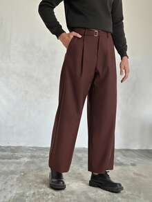 Manfinity Dauomo Pantalones anchos casuales para hombres con pliegues y hebilla en la cintura, deunicoloro, adecuados para el trabajo y el transporte, otoño - Marrón - Ver 3