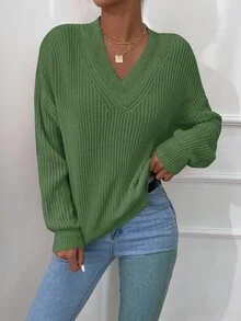 RueChic V Neck Drop Shoulder Sweater