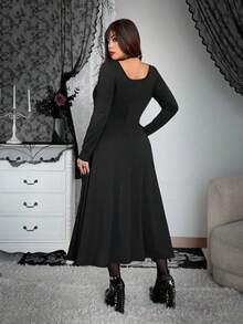 Whyspr Fashionable Long Sleeve Lace Patchwork Slim Fit Split Punk Dress - Black - View 4