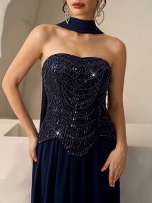 Coutiva Váy dài tay đính sequin thanh lịch, váy dạ hội cao cấp cho tiệc tối - Màu xanh hải quân - Xem 7