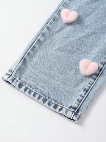 SHEIN Playful Pals 年轻女孩时尚雪花和心形装饰牛仔裤 - 淺色水洗藍 - 查看 6