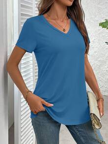 SHEIN Clasi Áo thun nữ tay ngắn cổ chữ V màu trơn đơn giản - Màu xanh lam - Xem 3