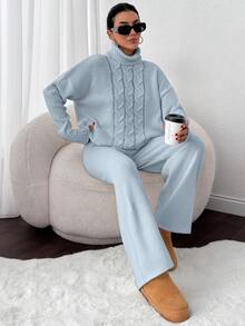 EURMUSE 2pcs/Set High Neck Cable Knit Pullover Sweater And Knitted Long Pants - Baby Blue - View 8