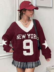 SHEIN 少女女孩酒红色和白色撞色V领宽松图案套头毛衣 - 酒紅色 - 查看 2