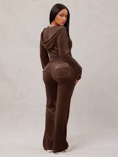 Radiana Women's Sexy Casual Gray-Blue Velvet Tracksuit, Zip-Up Hoodie + Wide Leg Pants 2-Piece Set, Comfortable & Soft For Casual, Sports, Home, Or Outings Brown 2 Piece Set Long Sleeve Two Piece Set Two Piece Set 2 Piece Lounge Sets Woman Comfortable Two Piece Set