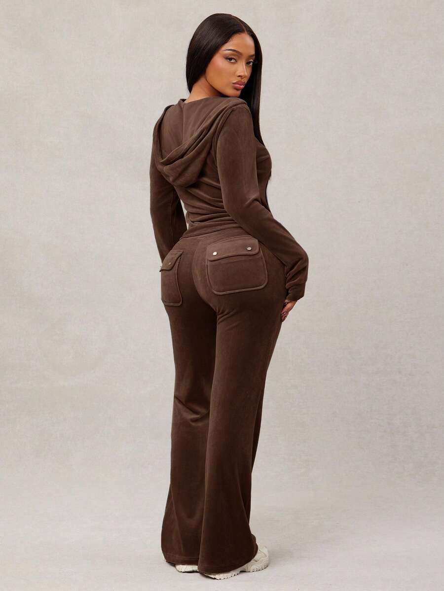 Radiana Women's Sexy Casual Gray-Blue Velvet Tracksuit, Zip-Up Hoodie + Wide Leg Pants 2-Piece Set, Comfortable & Soft For Casual, Sports, Home, Or Outings Brown 2 Piece Set Long Sleeve Two Piece Set Two Piece Set 2 Piece Lounge Sets Woman Comfortable Two Piece Set - Brown - View 1