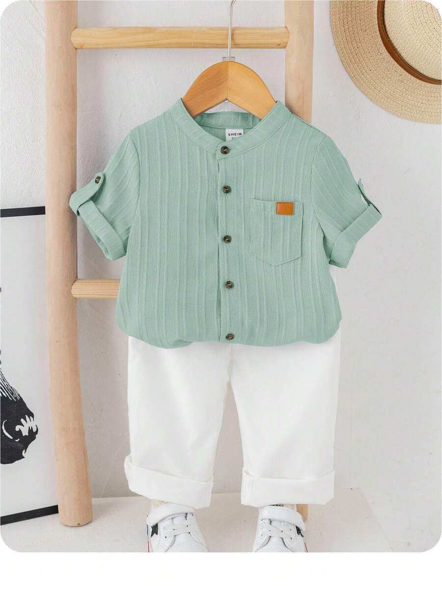 SHEIN Conjunto de 2 piezas para bebé/niño pequeño niño/niña, camisa de manga corta de color liso sencillo y pantalón de cintura elástica liso para vacaciones casuales, primavera/verano/otoño - Verde - Ver 1