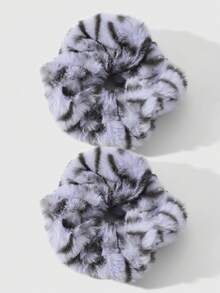 ROMWE Kawaii 2 件/套时尚韩式别致发圈，柔软毛绒豹纹/条纹/斑马纹发带，适合女士/女孩日常佩戴，送给朋友的礼物 - 彩色 - 查看 6