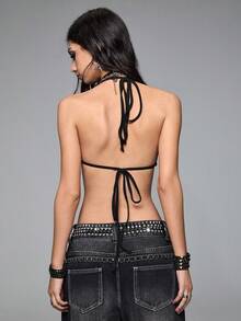 ROMWE Grunge Punk Top de bikini de mujer con tirantes finos, sin mangas, sexy y con tachuelas de estilo PUNK