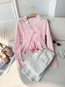 Modelyn 2pcs Romantic Ruffled Embroidered Floral Cardigan & Camisole Knit Set For Women, Pink Autumn Winter Clothes For Women - Pink - View 2