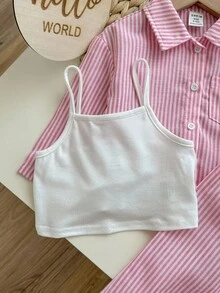 3 件套女婴套装：条纹衬衫、松紧腰裤和吊带背心，春夏 - 粉色 - 查看 5