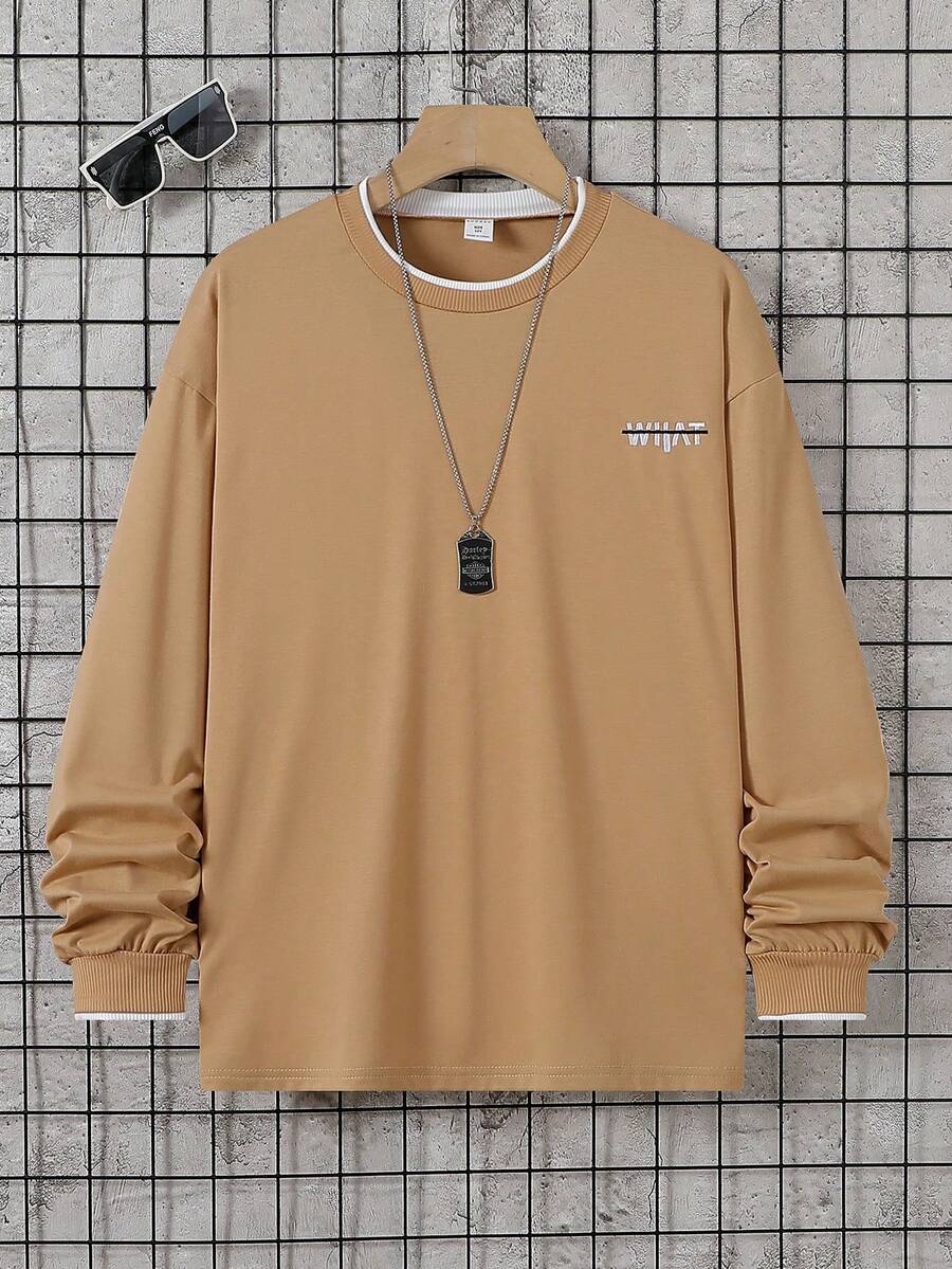 SHEIN Teen Boy Letter Print Loose Fit Round Neck Drop Shoulder Long Sleeve Casual T-Shirt - Khaki - View 1