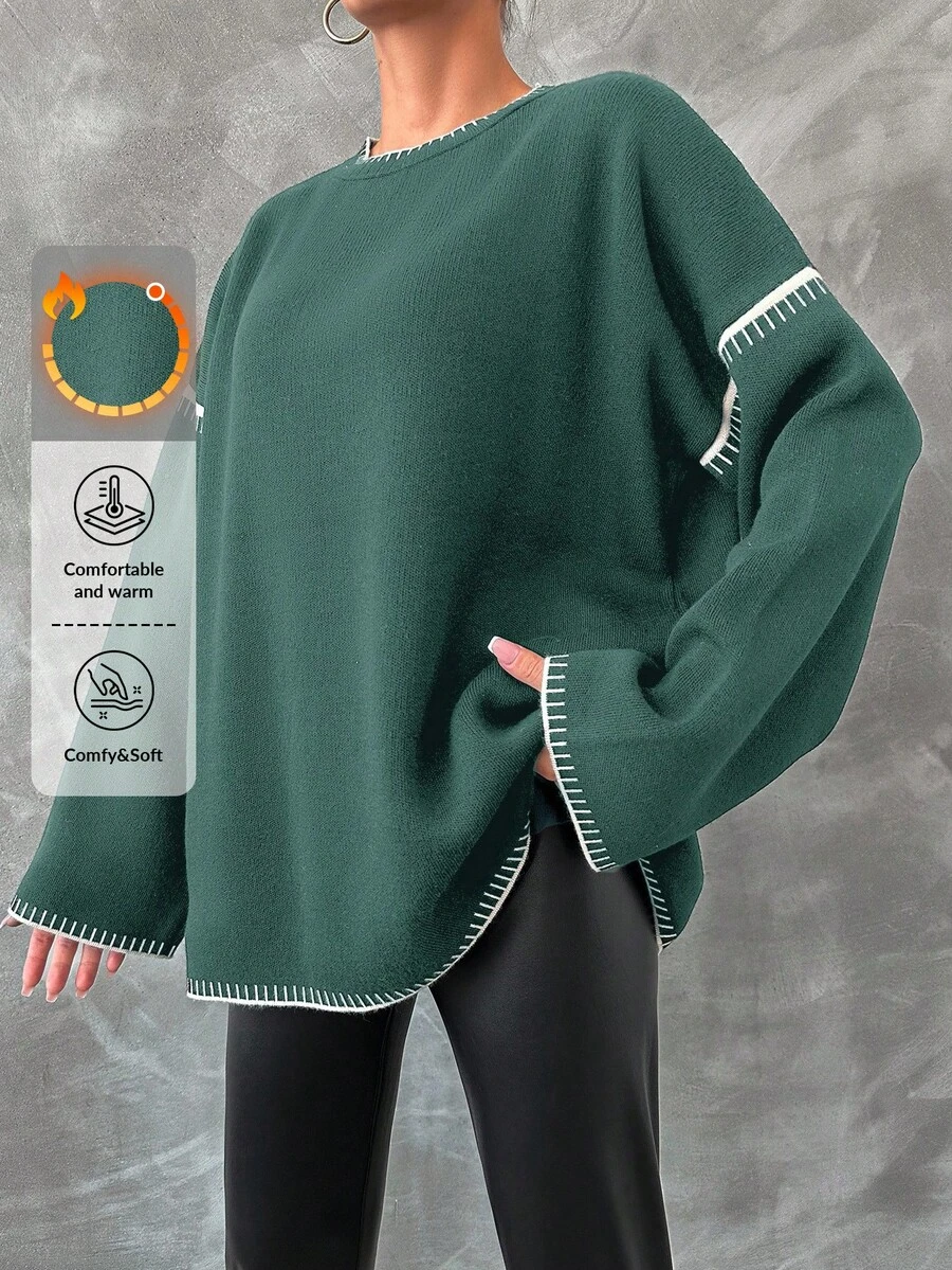 EURMUSE Women'S Round Neck Batwing Sleeve Sweater - Dark Green - View 1