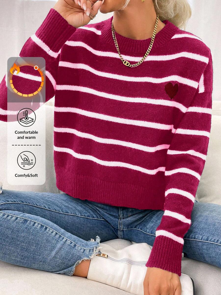 Cloudara Striped & Heart Pattern Drop Shoulder Sweater - Hot Pink - View 1