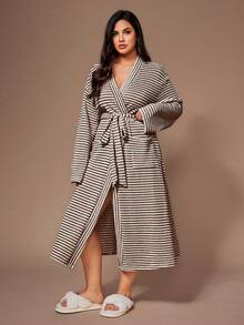 Lazeform Plus Size Women Casual Striped Jacquard Knit Long Sleeve Robe, Winter Night Robe Women Curve Robe Robe Long Sleeve - Brown - View 3