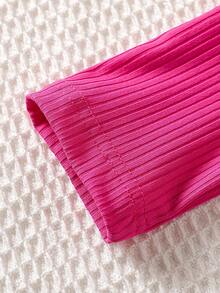 2 件套年轻女孩韩版圆领长袖上衣和时尚数码印花喇叭裤，休闲修身装，春秋季 - 玫紅色 - 查看 6