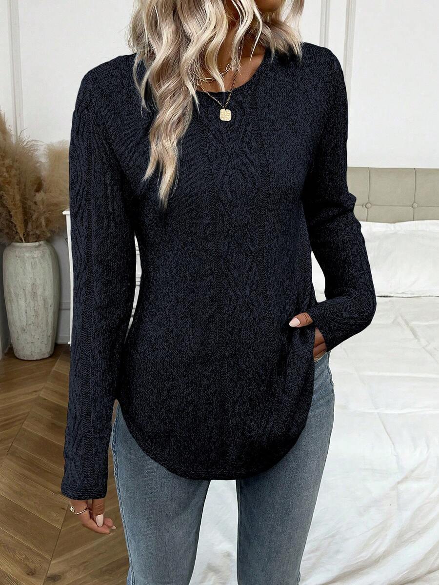 EMERY ROSE Áo len dài tay cổ tròn viền cong màu trơn thanh lịch dành cho nữ, mùa thu/đông - màu đen - Xem 1