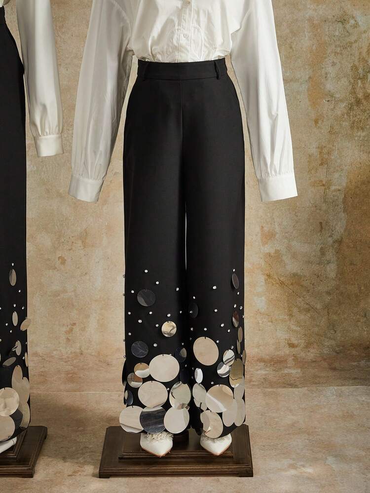 Sequin & Beaded Waist Belt Decor Short Leg Suit Pants For Women, New Autumn/Winter Party Wear