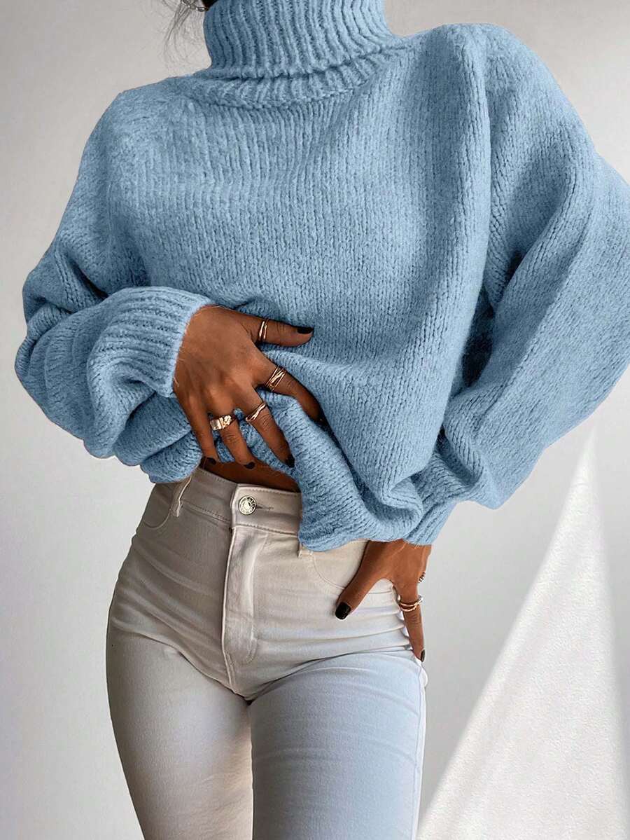 RueChic Turtleneck Raglan Sleeve Ribbed Knit Sweater - Mint Blue - View 1