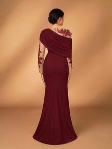 Serin Elegant Romantic Luxurious Elastic Knit Contrast Mesh Asymmetric Shoulder Mermaid Hem Dress, Suitable For Evening Party, Date, Prom, Wedding, Honeymoon, Valentine's Day - Burgundy - View 3
