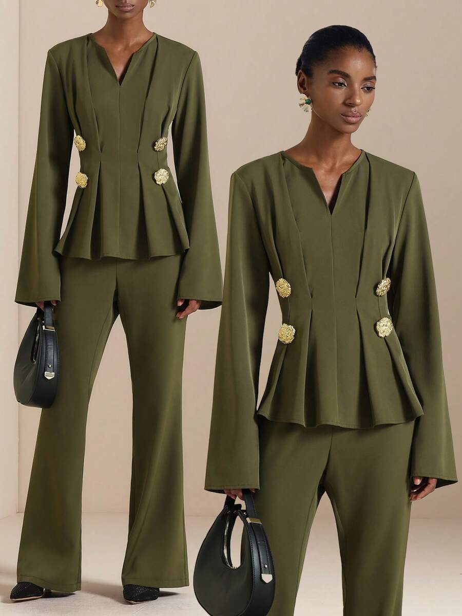 Lyxana Bell Sleeve Shirt & Flared Pants Set With Metal Decor - Army Green - View 1
