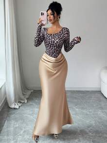 Elenzga Damen Herbst/Winter Leoparden Muster Farbblock asymmetrischer Kragen Langarm Farbblock Falten Taille figurbetonte A-Linie elegantes vielseitiges Alltagskleid