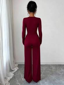 Elenzga 女士优雅办公室通勤下午茶派对不对称下摆长袖西装外套和松紧腰裤两件套西装套装，秋冬 - 酒紅色 - 查看 2