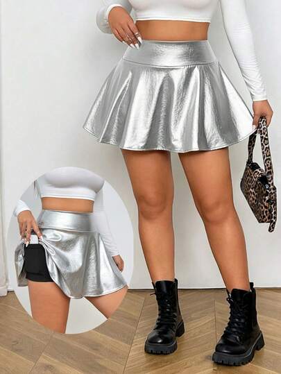 SHEIN EZwear Damen Große Größen Silber Kunstleder Mini Rock Shorts mit eingebauten Shorts und Taschen