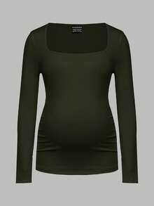 Modmama Maternity Ruched Long Sleeve Casual Versatile T-Shirt - Army Green - View 6