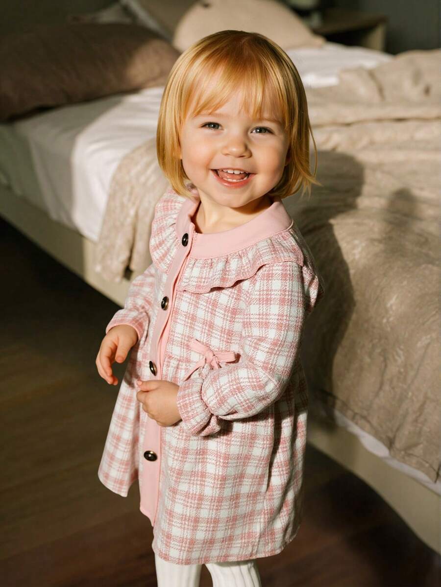 Baby Girl Casual Cute Collegiate Style Patterned Print Ruffle Sleeve Bow Decor Waist Dress, Autumn - Pink - View 1