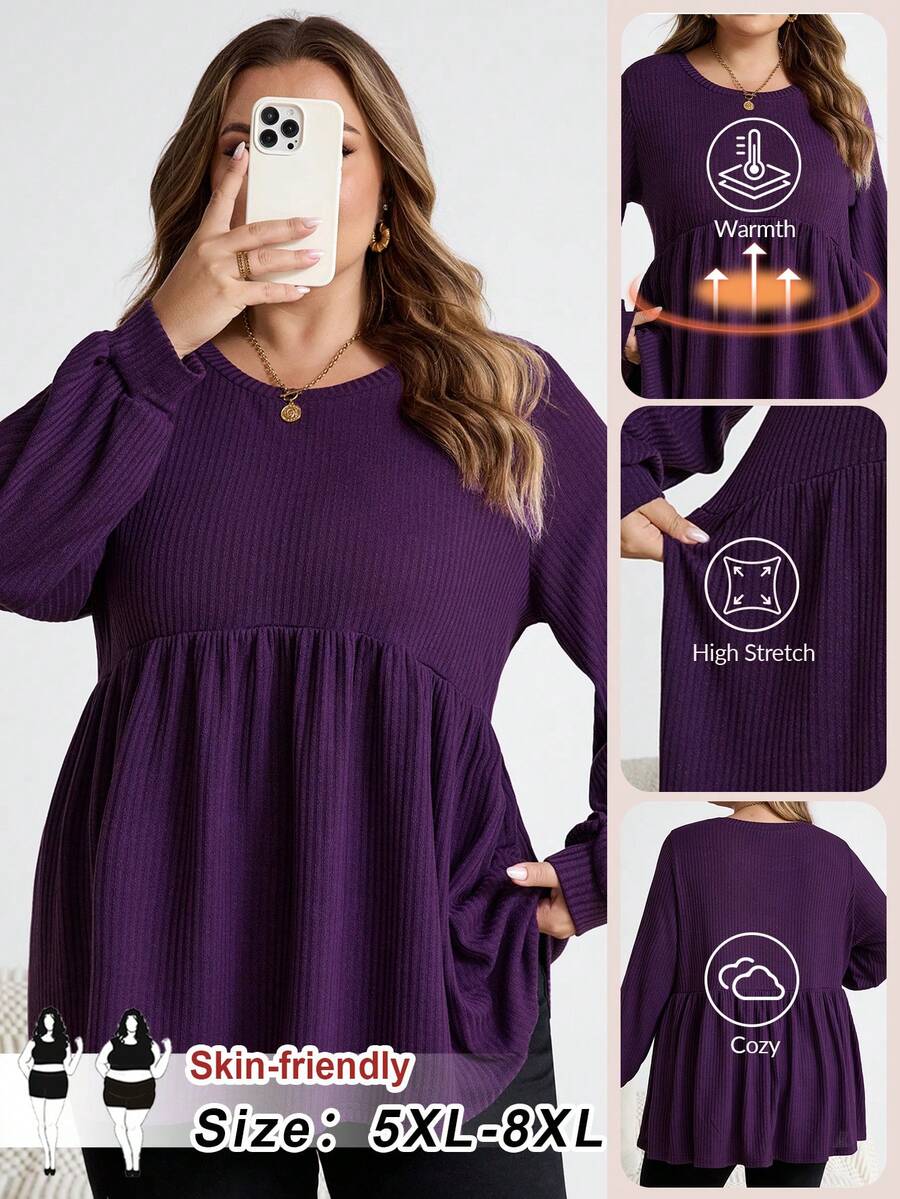 SHEIN CURVE+ 女式加大码宽松休闲圆领 T 恤，纯色 - 紫色 - 查看 1