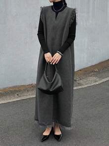 FRIFUL 女式纯色V领无袖荷叶边下摆宽松优雅连衣裙 - 灰色 - 查看 2