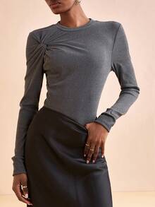 Zivah 2025 Autumn/Winter New Music Festival, Easter, St. Patrick's Day, Western, Nomadic, Birthday Party, Graduation, Basic Versatile, Casual, Vacation, Cruise Travel, Beach, Sunbathing, Viral Hit, Streetwear, Wedding Guest Boho, Commute, Brunch, Airport, Party, Holiday Outing, Elegant Banquet Crew Neck Long Sleeve Top - Grey - View 1