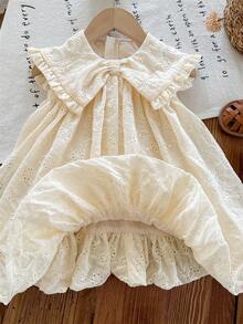 SHEIN LMoss Kids Babygirl 可爱杏色花卉刺绣节日彼得潘领夏季连衣裙 - 米色 - 查看 3