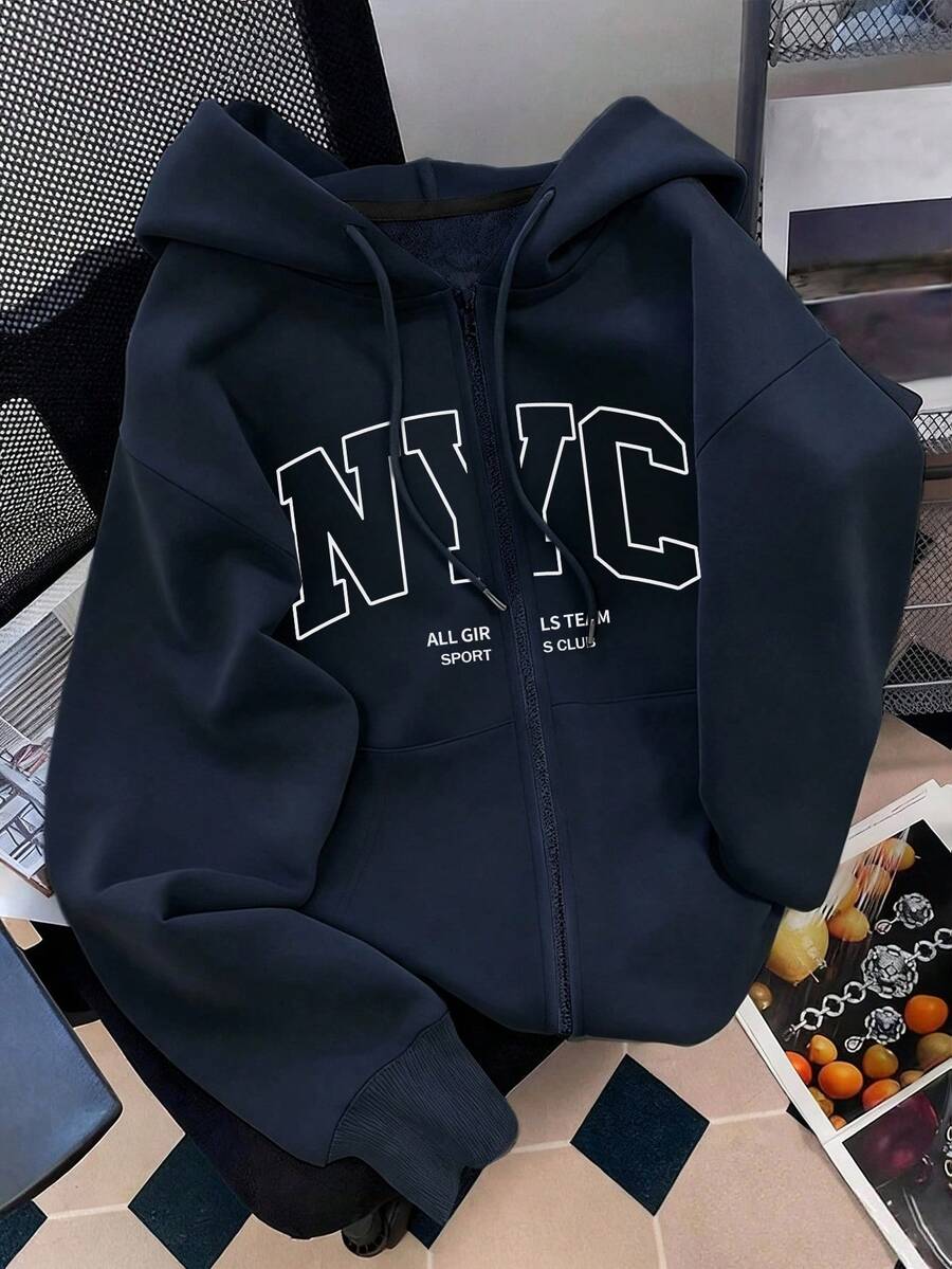 SHEIN 女士连帽拉链卫衣，字母图案，休闲外套，适合教师、返校、毕业、日常穿着、冬季外套，时尚百搭，女士连帽长袖卫衣